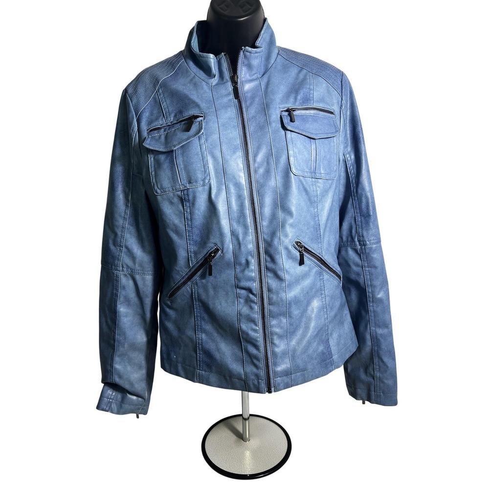 Yoki Collection Jacket Womens Large Blue Fauxโ Leather Moto Zip Pockets Lined